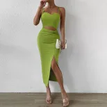 Hollow Out Split Hem Bodycon Knit Dress Adjustable Spaghetti Straps Figure Hugging Fit Sexy Styl