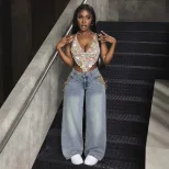 High Waisted Tie Design Denim Pants Womens Fashion European and American Style Casual Wear Whole