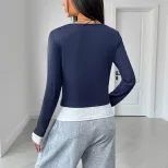 Casual Color Block Long Sleeve Top for Women Slim Fit Round Neck Comfortable Fabric Perfect for
