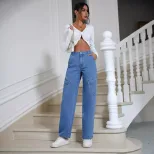 Womens Straight Leg Denim Jeans Trendy Street Style Pocket Design Casual Wear Wholesale Availabl