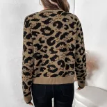 Womens Leopard Print Cardigan Sweater Round Neck Tie Closure Long Sleeve Casual Wear for Fall Winter Wholesale