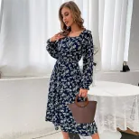 Blue Floral Off Shoulder Dress Long Sleeve Stylish Autumn Fashion Wholesale Available private la