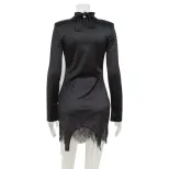 Elegant Long Sleeve Dress Satin Lace Panel Slim Fit Solid Color Perfect for Formal Events Wholes