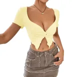 Deep V Short Crop Top Sexy Knot Design Ruffled Fabric Trendy Style Perfect for Parties and Night