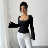 Black Square Neck Long Sleeve T Shirt for Women with Pearl Decor and Flared Sleeves Slim Fit for Casual Wear Wholesale