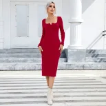 Elegant Long Sleeve Bodycon Dress Square Neck Side Slit Figure Flattering Perfect for Parties an