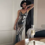 Metallic Silver Backless Mermaid Dress Sexy Sleeveless Liquid Fabric Elegant Evening Gown Wholes