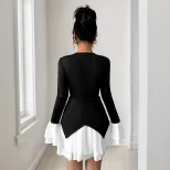 Color Block Long Sleeve Dress Black and White Casual Dating or Spring Fall Wear Wholesale Availa