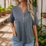 Casual V Neck Button Up T Shirt Summer Lightweight Fabric Solid Color for Everyday Wear Wholesal