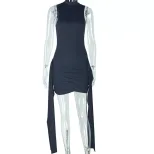 Fashionable Womens Bodycon Dress Ruffled Color Block Tie Detail Casual Short Sleeve Stand Collar