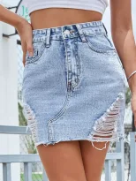High Waisted Distressed Denim Skirt Vintage Style Slim Fit Unique Design Casual Wear for Women W