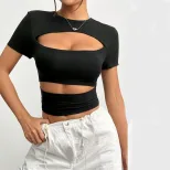 Summer Womens T Shirt Short Sleeve Hollow Out Y2K Style Solid Color Casual Wear for Everyday Use