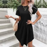 Womens Black T Shirt Dress Sweet and Simple Design Round Neck Lace Trim Short Sleeves Casual Wea