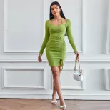 Womens Bodycon Mini Dress Two Piece Look Ruched Design Long Sleeve Knitted Fabric Perfect for Pa