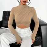 Elegant Womens Cropped T Shirt Slim Fit Half High Neck Long Sleeve Solid Color Summer Casual Wea