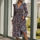 Floral Print V Neck Long Sleeve Dress Ruffled Hem Autumn Style Womens Fashion for Casual Occasio