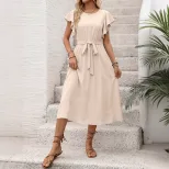 Casual Solid Color A Line Dress Flutter Sleeves Round Neck Tie Waist Perfect for Vacation or Sum
