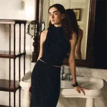 Vintage French Style Sleeveless High Neck Top and Low Waist Polka Dot Print Skirt Set Slim Fit E