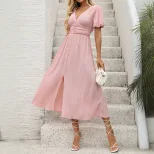 High End Pink Puff Sleeve Dress Elegant Design Perfect for Valentines Day or Special Occasions W