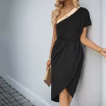 Asymmetrical Color Block Dress Waist Defining One Shoulder Elegant Style Perfect for Parties and