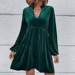 Velvet Long Sleeve Dress Waist Cinching Flared Skirt Puff Sleeves Fall Winter Fashion for Women