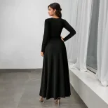 Vintage Deep V Neck Long Sleeve Black Maxi Dress Slim Fit Waist Defining Elegant Style Perfect f