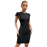 Knit Bodycon Dress Ruffle Sleeve Slim Fit Black Round Neck Evening Wear Party Dress Wholesale Av