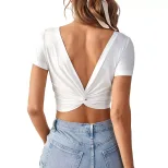 Slim Fit Short Sleeve Knit T Shirt Sexy V Neck Backless Design Trendy Style Perfect for Casual O