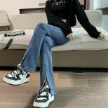 欧洲站开叉牛仔裤女2022秋冬新款韩版高腰显瘦百搭拖地直筒喇叭裤