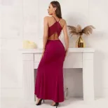 Lace Trimmed Backless Maxi Dress Elegant Sleeveless Design Sexy Fit Perfect for Evening Parties