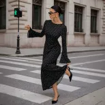 Black Polka Dot Maxi Dress for Women Long Sleeve Open Back Slim Fit Adjustable Tie Spring Summer
