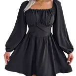 French Style Womens Dress Square Neck Pleated Waist Defining Slim Fit Autumn Winter Casual Wear