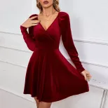 V Neck A Line Dress Waist Defining Velvet Fabric Elegant Design Autumn Winter Party Wear Wholesa