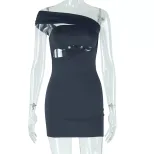 Casual Bodycon Dress Solid Color Asymmetrical Neckline Off Shoulder Patchwork Design Trendy for