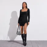 Velvet Bodycon Dress Sexy Split Hem Square Neck Long Sleeve Elegant French Style for Parties Who