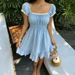 跨境外贸夏季法式方领泡泡袖连衣裙女收腰显瘦蕾丝花边 A 字短裙