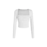 Long Sleeve Knit Top Square Neck Fitted Pleated Design Autumn Winter Fashion for Women Ready to