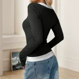 Color Block Long Sleeve T Shirt Slim Fit Milk Silk Fabric Spring Summer Style Wholesale Availabl