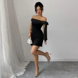 Elegant Off Shoulder Black A Line Mini Dress with Ruffled Details Slim Fit Chic Style for Partie