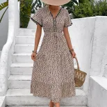 Summer Womens Dress Short Sleeve Leopard Print Mid Length Casual Wear for Parties or Daily Use O