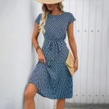 Geometric Print Short Sleeve Dress Minimalist Style Round Neck Comfortable Fabric Perfect for Ca