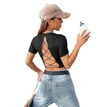 Womens Sexy Backless Short Sleeve Knit T Shirt Slim Fit Casual Style Spring Summer Collection Wh