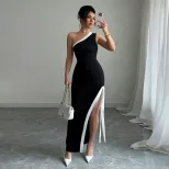 Summer Color Block Maxi Dress for Women Elegant Sexy High Slit Perfect for Parties and Events Wh