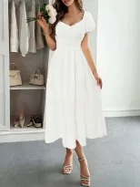 French Vintage Puff Sleeve A Line Midi Dress Waist Defining Flattering Fit Elegant Style Wholesa