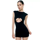 Summer Womens Dress Elegant Solid Color Hollow Chest Design High Elasticity Slim Fit Sleeveless