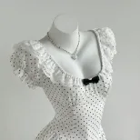 现货-95228#亚马逊跨境波点泡泡袖蝴蝶结收腰夏季女装短连衣裙