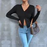 Womens Long Sleeve Cropped T Shirt Slim Fit Split Hem Elegant Style Perfect for Spring Summer Of