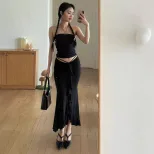 French Style Ruffled Hem Midi Skirt Low Waist Pleated Design Elegant Fit Perfect for Autumn Fash