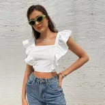 Womens Ruffled Sleeve Backless T Shirt Sweet and Fresh Design Square Neck Sleeveless Casual Wear