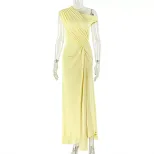 A Line Dress Solid Color Ruffled Design Asymmetrical Neckline Casual Style Perfect for Outings W